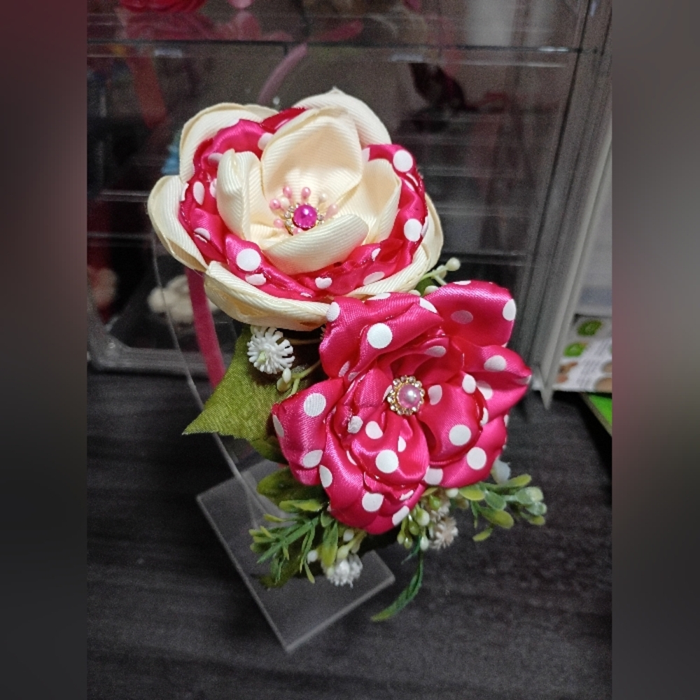 Pink and Cream Polka Dot Floral Headband🌺
